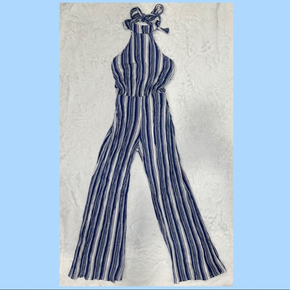Lulus Blue and White Halter Neck Backless Romper